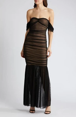 bebe Off the Shoulder Mesh Mermaid Gown Black/Nude at Nordstrom,