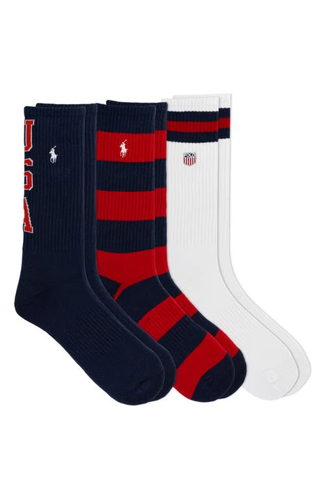 Polo Ralph Lauren Assorted 3-Pack Stripe & Solid Crew Socks in Blue Multi at Nordstrom, Size 10-13