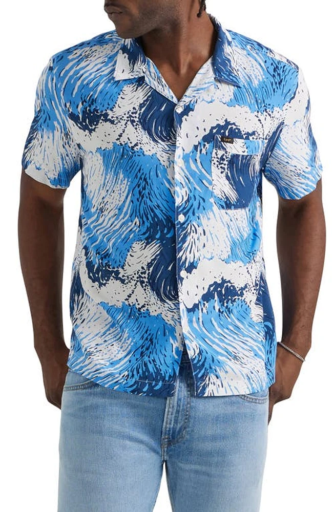 Lee Wave Print Camp Shirt Atlantic Water at Nordstrom,