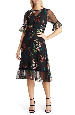 Kiyonna Wildflower Embroidered Midi Dress Onyx at Nordstrom,