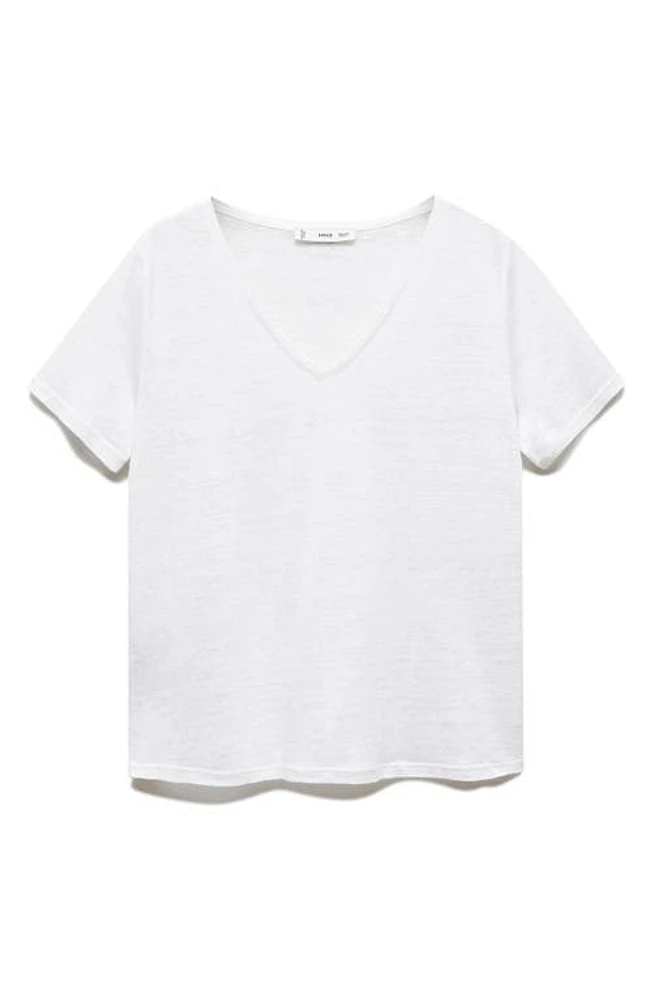 MANGO V-neck Linen T-Shirt at Nordstrom,