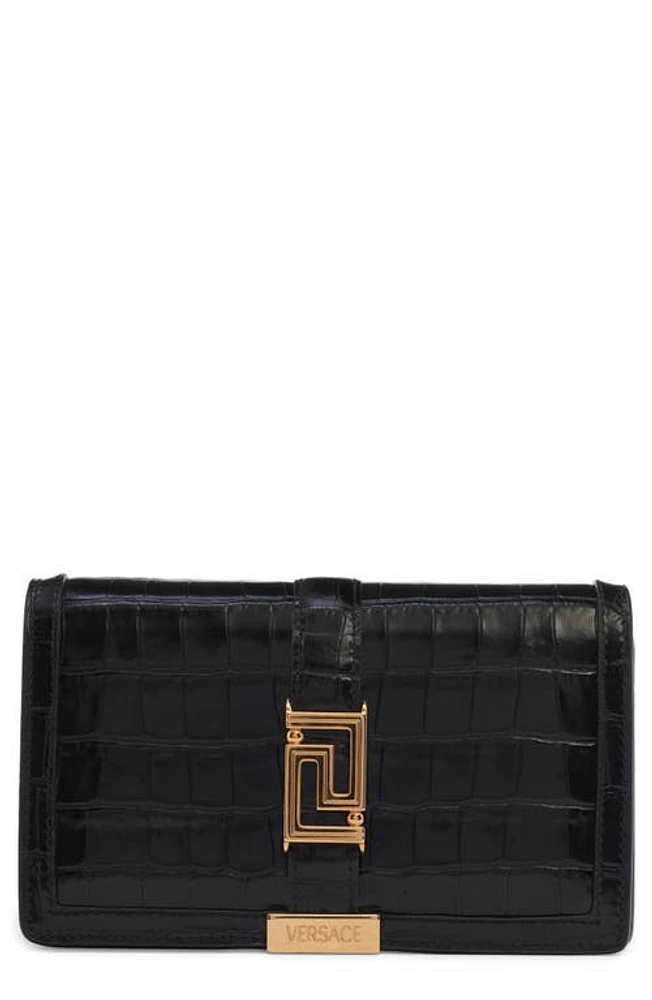 Versace La Greca Croc Embossed Leather Wallet on a Chain in Black/Versace Gold at Nordstrom