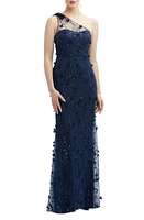 Dessy Collection Floral Appliqué One-Shoulder Gown Midnight at Nordstrom,