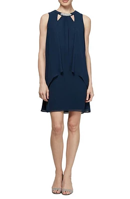 SL FASHIONS Chiffon Cutout Crew Neck Pearl Accent Dress at Nordstrom,