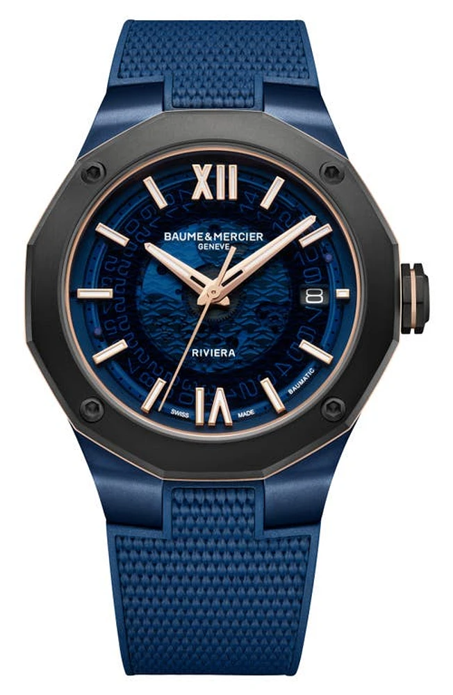 Baume & Mercier Riviera 10769 Rubber Strap Watch, 42mm in Smoked Blue Sapphire at Nordstrom