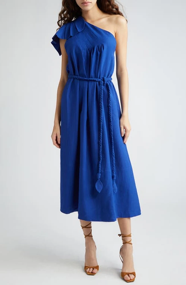 FARM Rio Leaf One-Shoulder Belted Linen Blend Midi Dress Blue at Nordstrom,