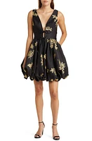 Marchesa Notte Metallic Floral Bubble Hem Minidress Black Gold at Nordstrom,