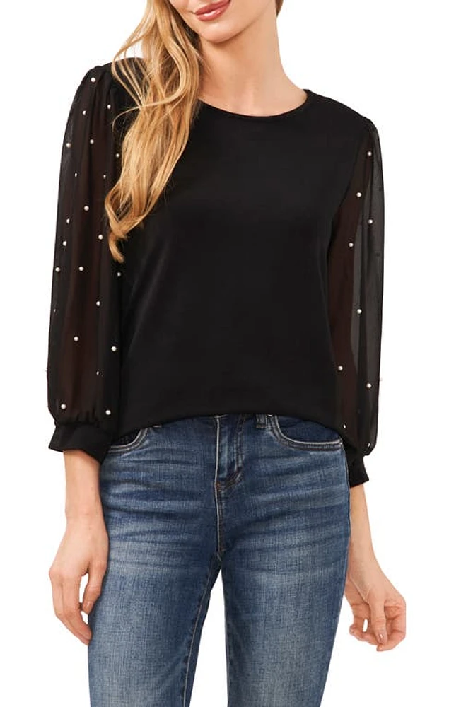 CeCe Mixed Media Imitation Pearl Top in Rich Black at Nordstrom, Size X-Large