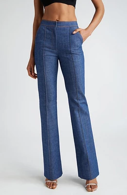 LaQuan Smith Pleated High Waist Flared Denim Trousers Dark Blue at Nordstrom,