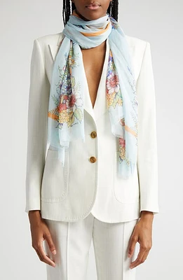 Etro Floral Print Silk Fringe Scarf in Print On Pale Blue Base at Nordstrom