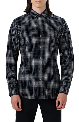 Bugatchi Axel Shaped Fit Check Print Button-Up Shirt Black at Nordstrom,