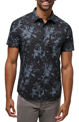 TravisMathew Warmer Tides Tie Dye Short Sleeve Stretch Button-Up Shirt Black at Nordstrom,