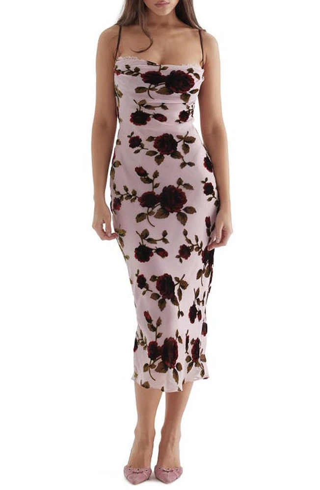 HOUSE OF CB Azura Floral Devore Strapless Midi Dress Pink at Nordstrom,