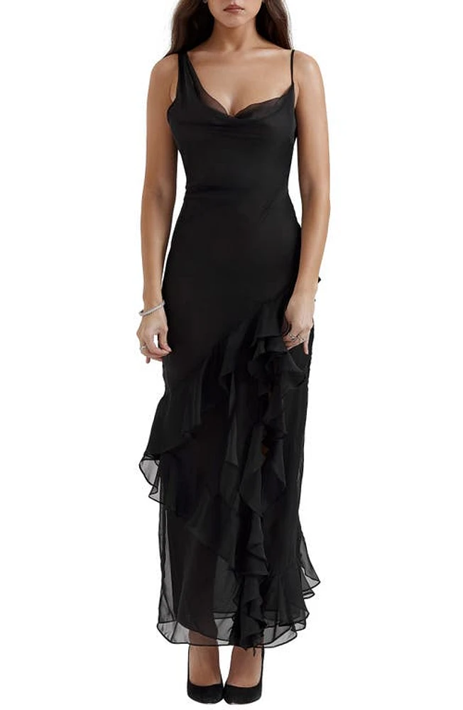 HOUSE OF CB Malila Ruffle Cowl Neck Chiffon Cocktail Dress Black at Nordstrom,