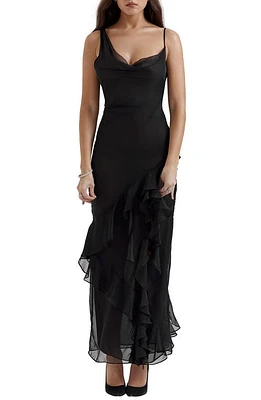 HOUSE OF CB Malila Ruffle Cowl Neck Chiffon Cocktail Dress Black at Nordstrom,