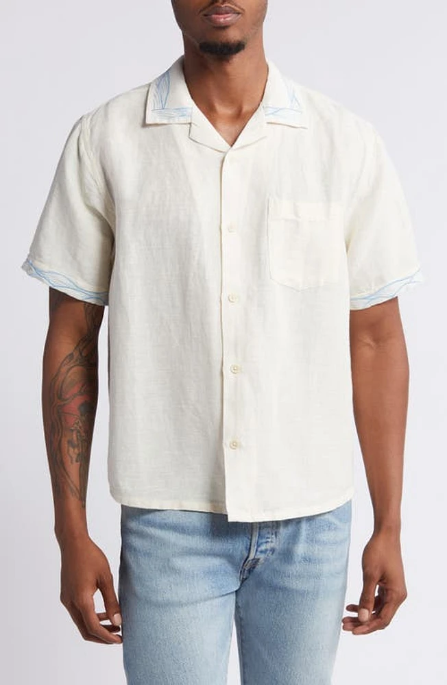 Corridor Waves Embroidered Linen & Cotton Camp Shirt Natural at Nordstrom,