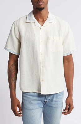 Corridor Waves Embroidered Linen & Cotton Camp Shirt Natural at Nordstrom,