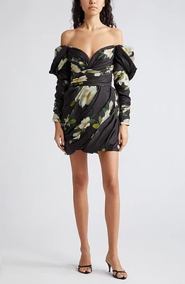 Zimmermann Harmony Floral Print Off the Shoulder Linen & Silk Minidress Black Magnolia at Nordstrom,