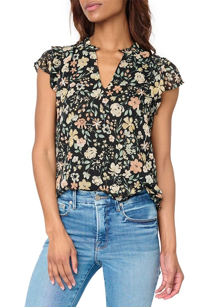 GIBSONLOOK Floral Flutter Sleeve Top Black Multi at Nordstrom,