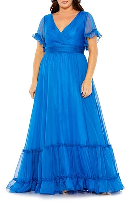 FABULOUSS BY MAC DUGGAL Ruflfe Flutter Sleeve Chiffon Faux Wrap Gown Ocean Blue at Nordstrom,