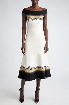 Alexander McQueen Off the Shoulder Jacquard Midi Sweater Dress in Ivory/Black/Gold at Nordstrom, Size Medium