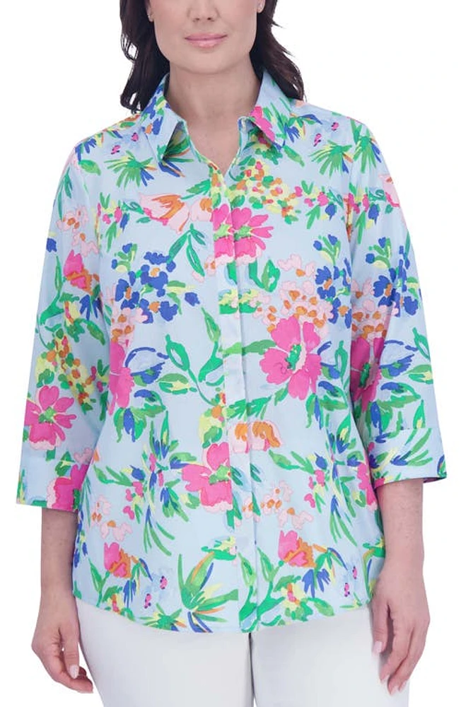 Foxcroft Luna Painterly Floral Button-Up Shirt in Blue Multi at Nordstrom, Size 14W