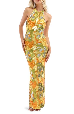 HELSI Uma Floral Sequin Halter Neck Sheath Gown Marigold at Nordstrom,