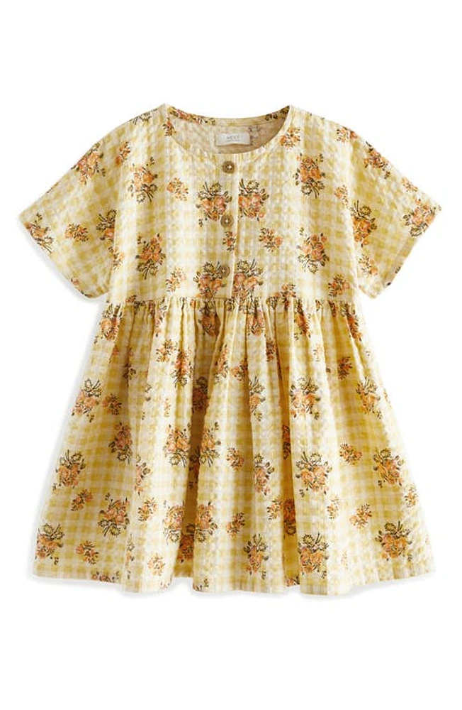 NEXT Kids' Floral Cotton Gingham Dress Yellow at Nordstrom,