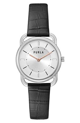 Furla Sleek Leather Strap Watch, 33mm in Silver/Silver/Black at Nordstrom