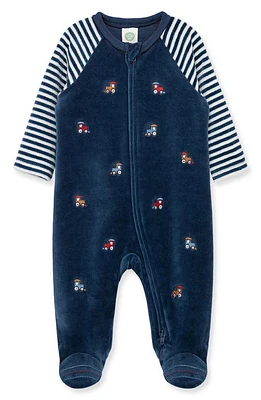 Little Me Embroidered Train Velour Footie in Blue at Nordstrom, Size 9M