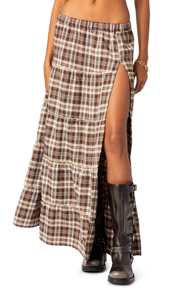 EDIKTED Plaid Tiered Side Slit Maxi Skirt Brown at Nordstrom,