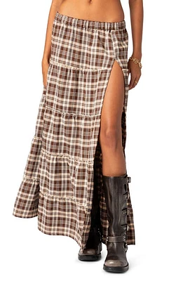 EDIKTED Plaid Tiered Side Slit Maxi Skirt Brown at Nordstrom,