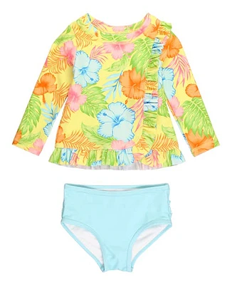 RuffleButts Baby UPF50+ Long Sleeve Ruffled Rash Guard 2-Piece in Happy Hula at Nordstrom, Size 6-12M