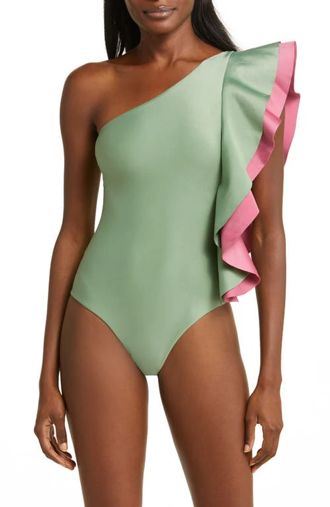 FARM Rio Ruffle One-Shoulder One-Piece Swimsuit in Green at Nordstrom, Size X-Large