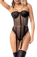 Mapale Chain Detail Fishnet & Mesh Teddy with Garter Straps Black at Nordstrom