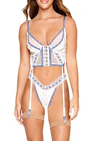 Dreamgirl Embroidered Trim Mesh Bustier with Garter Straps & Panties White at Nordstrom,