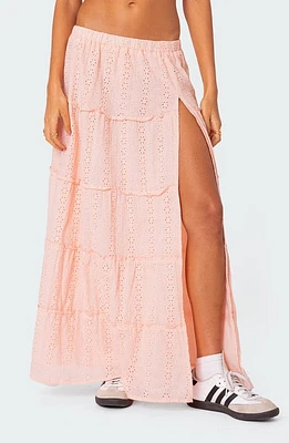 EDIKTED Tiered Cotton Eyelet Maxi Skirt Light-Pink at Nordstrom,