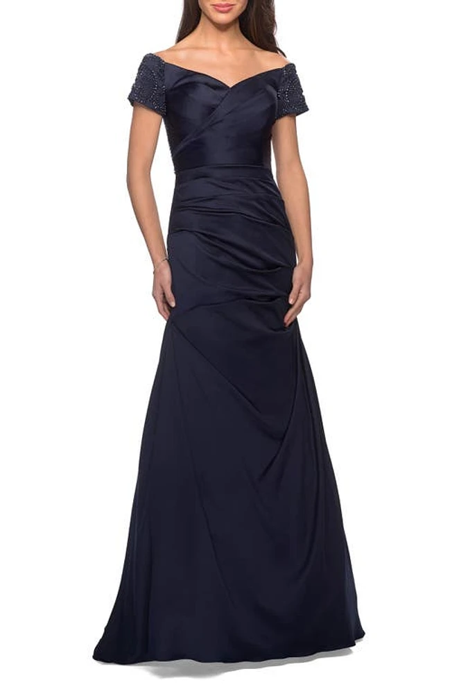 La Femme Off the Shoulder Beaded Satin Trumpet Gown Navy at Nordstrom,