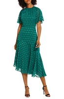 Maggy London Asymmetric Pleated Flutter Sleeve Midi Dress in Shaded Spruce at Nordstrom, Size 0