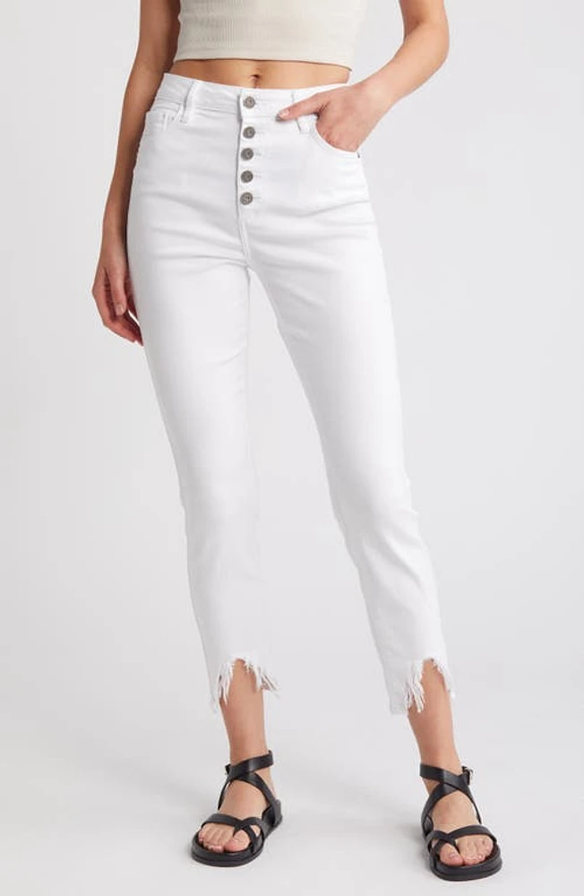 HIDDEN Jeans Exposed Button High Waist Fray Hem Skinny White at Nordstrom,