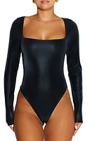 Naked Wardrobe Liquid Faux Suede Square Neck Long Sleeve Bodysuit Black at Nordstrom,