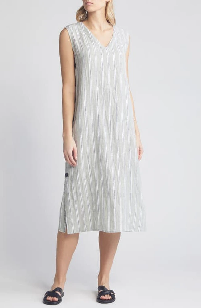 Masai Copenhagen Nukus Stripe Button Detail Linen Midi Dress in Green Stripe at Nordstrom, Size X-Large