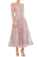 Mac Duggal Sequin Floral Long Sleeve Tulle Midi Dress at Nordstrom,