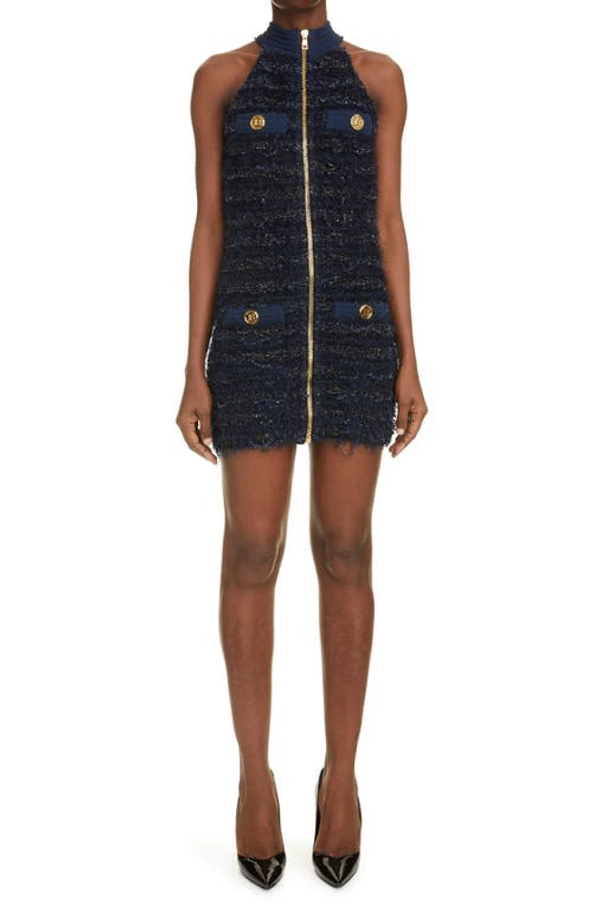 Balmain Zip Front Metallic Tweed Minidress in 6Ae Bleu Marine Fonc at Nordstrom, Size 14 Us