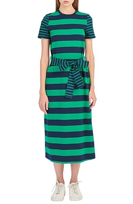 English Factory Stripe Tie Front Midi T-Shirt Dress Navy/Green at Nordstrom,