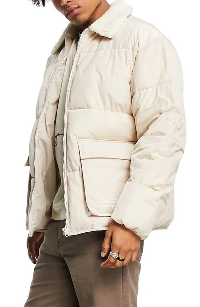 Topman Faux Shearling Collar Puffer Jacket in Stone at Nordstrom, Size Xx-Large