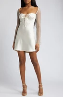 Rare London Diamante Long Sleeve Satin & Mesh Cocktail Minidress Cream at Nordstrom,