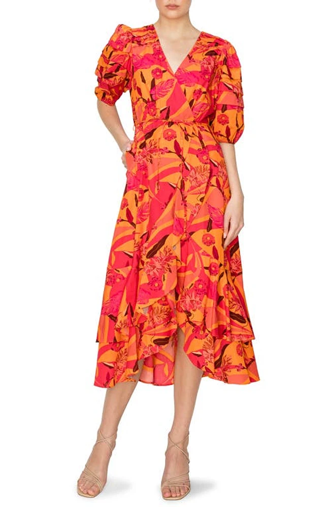 MELLODAY Poplin Floral Midi Wrap Dress Orange Multi at Nordstrom,