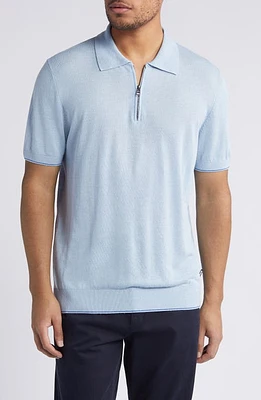 BOSS Trieste Linen Blend Zip Polo Light Blue at Nordstrom,