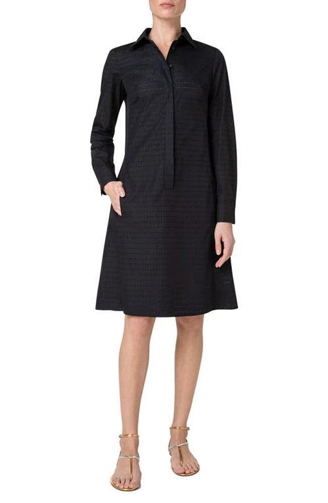 Akris punto Perforated Pin Dot Long Sleeve Cotton Poplin Shirtdress in 009 Black at Nordstrom, Size 2